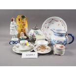 Five 19th century Fairings, a Staffordshire figure, a nursery cup, saucer and plate, and other