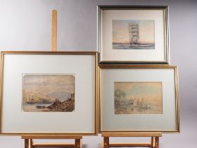 A watercolour study of a square rigged ship at dusk, 6 1/4" x 9", in strip frame, and two 19th