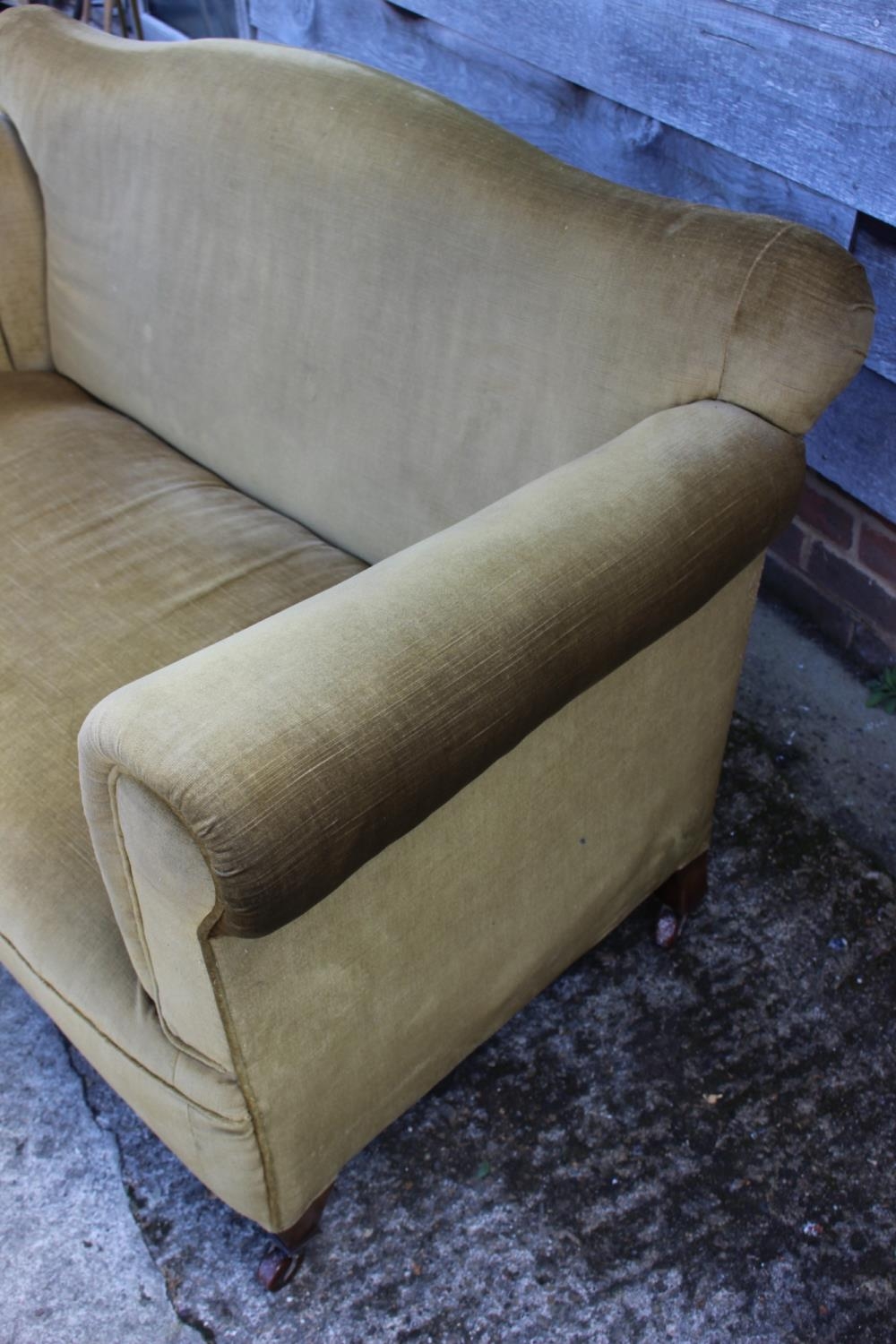 A late 19th century drop-end settee, upholstered in green velour, on square tapered castored - Image 2 of 2