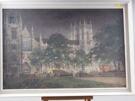 †Charles Eddowes Turner: oil on canvas faced board, view of Westminster Abbey, used for 1954
