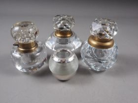 Three cut glass inkwells, a silver mounted vesta striker, a crane decorated bottle vase, 16" high, a
