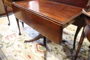 A mahogany sofa table, fitted single drawer, on brass claw and castored splay supports, 42" wide x