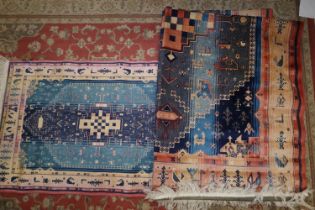 Two pairs of Persian tribal style Belgian cotton rugs with all-over geometric bird and animal