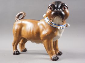 An early 20th century Continental porcelain model of a pug, 9 1/2" high