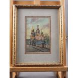 A watercolour view of the Church of the Saviour of the Spilt Blood, Moscow, 6 3/4" x 4 1/2", in gilt
