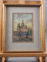 A watercolour view of the Church of the Saviour of the Spilt Blood, Moscow, 6 3/4" x 4 1/2", in gilt