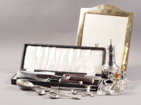 A pair of silver plated and cut glass swan salts, two pairs of plated berry spoons, a plated cruet