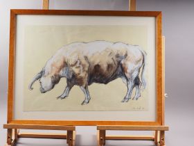Chris Gough?, '96: a pencil and bodycolour sketch of a longhorn cow, 14 3/4" x 21 1/2", in maple