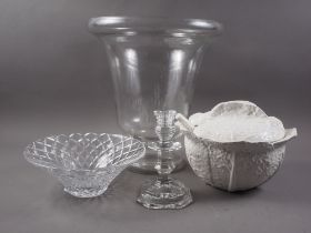 A Baccarat glass candlestick, 7 1/2" high, a glass flared rim vase, a cut glass bowl, and a