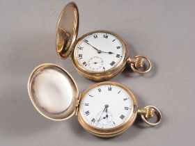 A Record rolled gold cased full hunter pocket watch with white enamel dial and Roman numerals, and