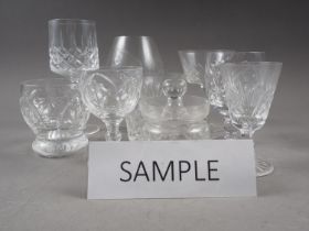 Three 1920s cut glass whisky tumblers, five other tumblers, nine wines, brandy balloons and other