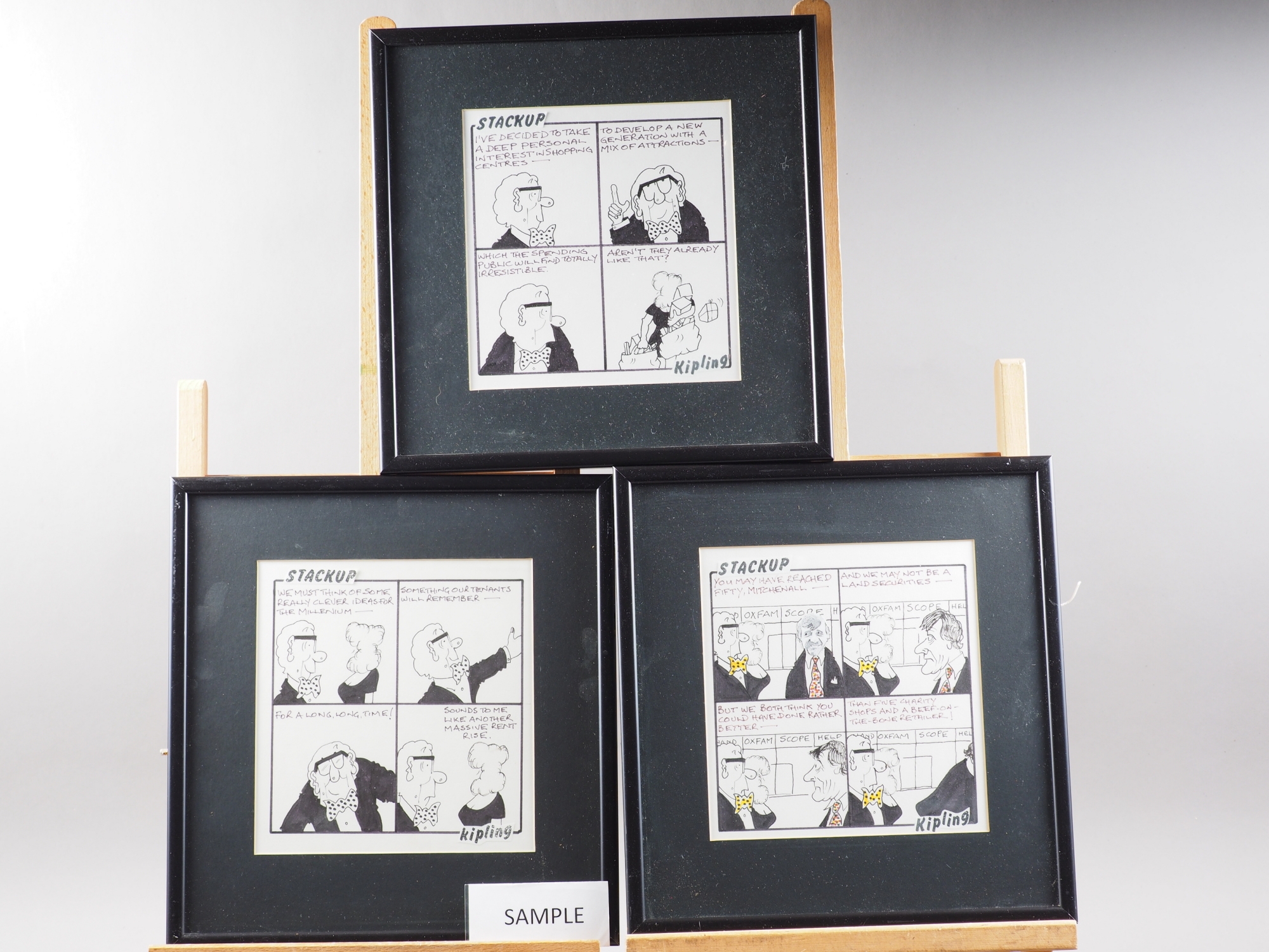 Kipling: "Stackup", eight pen and ink satirical sketches, in ebonised frames