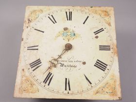 A 19th century square long case clock dial with white painted face, Roman numerals and floral