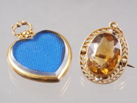 A 9ct gold heart-shaped pendant locket and a yellow metal, citrine and pearl set pendant brooch