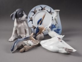 A Copenhagen model puppy, 1452, a duck, 1192, a rat on a corncob, 512, a Copenhagen vase, a