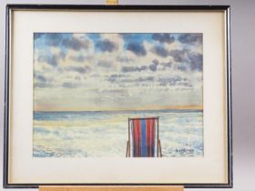 N Singh, '82: watercolours, "Seaside view with deckchair", 10 1/2" x 14 1/2", in ebonised frame