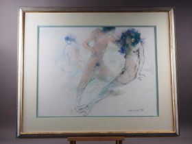 Peter Farmer (1941-2017), '75: Mixed media, nude figure study, 20" x 26", in gilt and powder blue