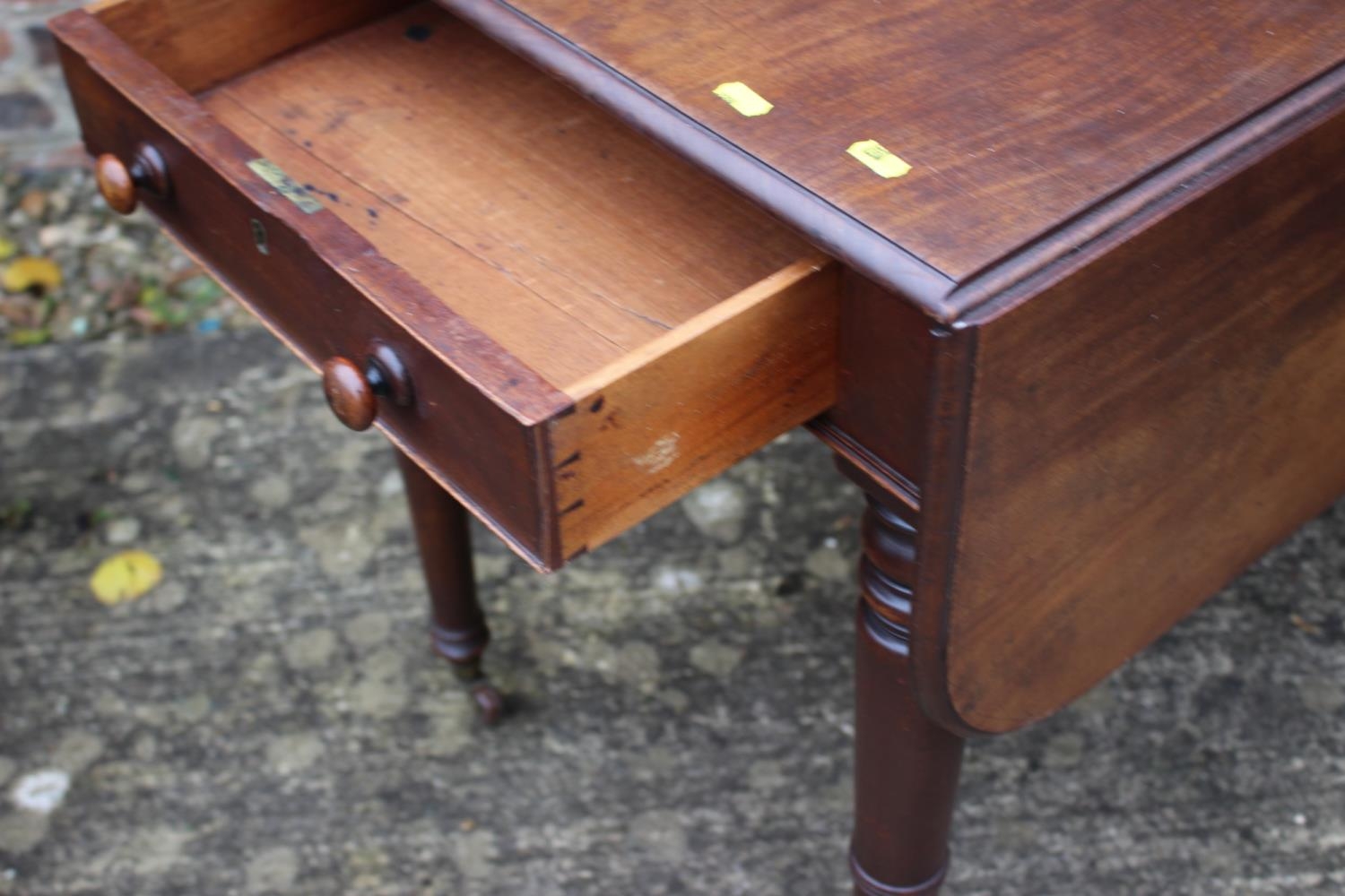 A 19th century mahogany Pembroke table, fitted one drawer, on turned supports, 35 1/2" wide x 21" - Image 2 of 3