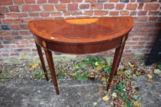 A reproduction mahogany semi-circular and inlaid side table and a burr walnut and banded side table