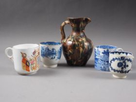 An agate ware jug, 5 1/2" high, two pieces proto willow pattern and other ceramics