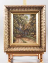 English late 19th century oil on glass, figures on a wooded lane, 9 1/2" x 7 1/2", in gilt frame