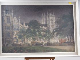 Charles Eddowes Turner: oil on canvas faced board, view of Westminster Abbey, used for 1954 Dunlop