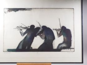 H Dubrau, 1983: a signed limited edition etching, three violin players, in strip frame