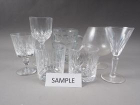 Four Edinburgh Crystal whisky tumblers, five Webb wines, brandy balloons, moulded glass mugs and