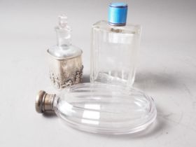 A French silver and guilloche enamelled scent bottle, 4 3/4" high, a smaller similar and another