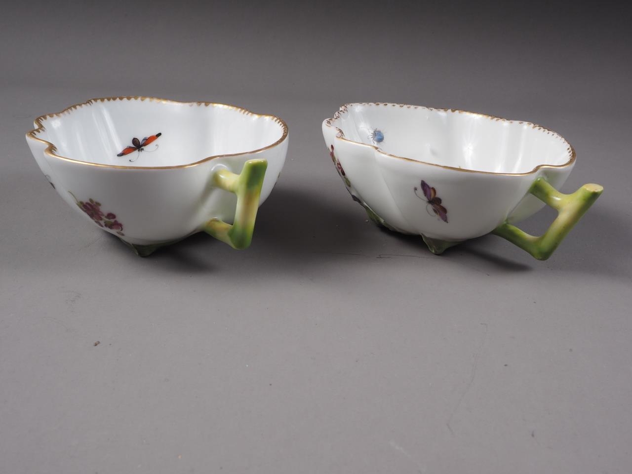 A pair of Dresden porcelain floral decorated leaf shape cups, 4 3/4" wide - Image 3 of 6