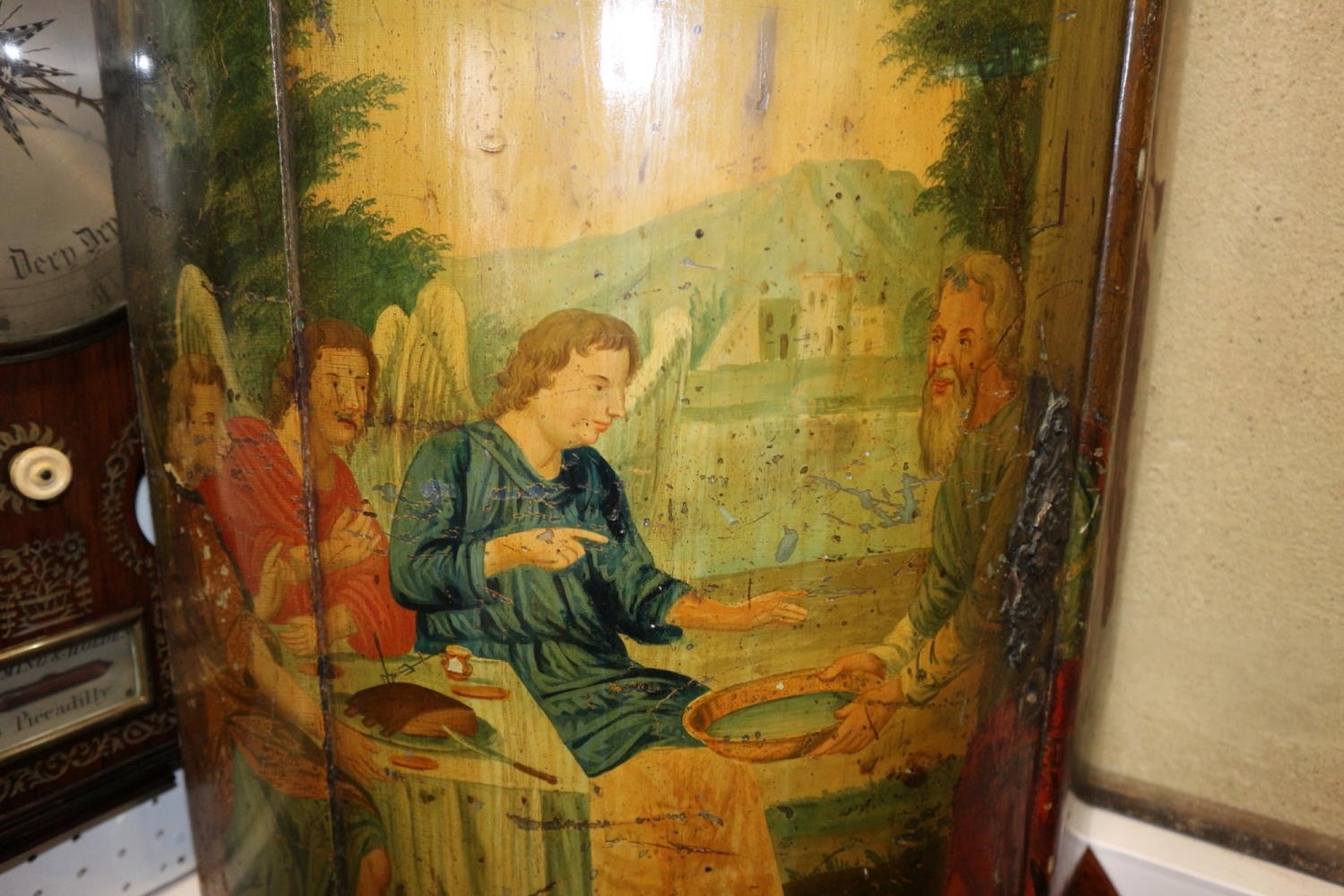 An early Georgian painted bowfront corner cupboard with Angel, figures in a landscape, 18" wide x - Image 3 of 8