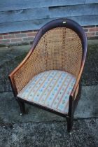 A 19th century polished as walnut cane back tub-shape chair with needlepoint seat, on sabre supports