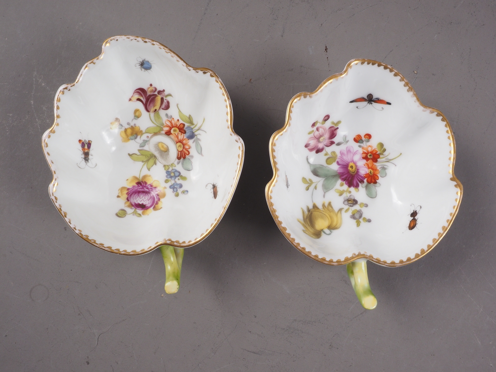 A pair of Dresden porcelain floral decorated leaf shape cups, 4 3/4" wide - Image 5 of 6