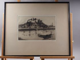 A P Thomson: a signed etching, "Chinon Castle", in ebonised frame