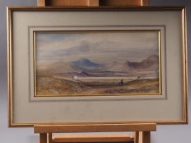 Copley Fielding: watercolours, mountainous landscape with two figures on horseback, 6" x 12 1/2", in