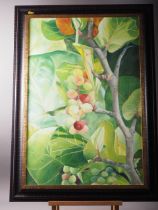 M Kay: oil on canvas, fruiting fig tree, 29" x 19 1/2", in frame