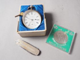 A silver cased open faced pocket watch, with white enamel dial, Roman numerals and subsidiary