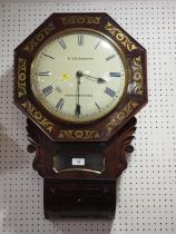 A Regency rosewood and brass inlaid drop dial wall clock with single fusee movement and cream
