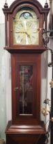 A Denclock mahogany long case clock with brass dial and moon phases, 75" high