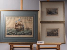 A set of three hand-coloured prints, 17th century sailing boats, in wash line mount and gilt strip