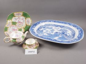 A Minton bone china Phoenix decorated part teaset, a Willow pattern goose dish, 21" wide, and
