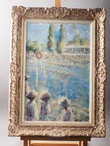 Walter Beauvais: oil on canvas faced board, "Henley Regatta", 17 1/2" x 11 1/2", in gilt decorated