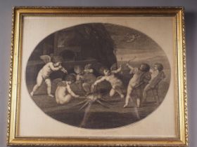 After Bartolozzi: a 19th century engraving on silk, "Cupids Manufactory", in oval mount and gilt