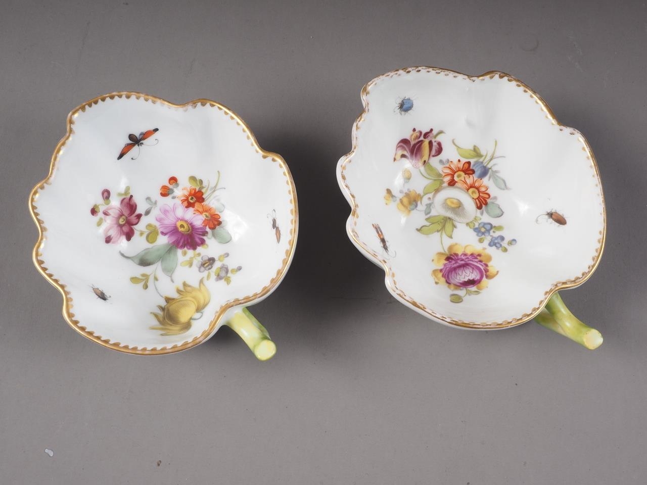 A pair of Dresden porcelain floral decorated leaf shape cups, 4 3/4" wide - Image 2 of 6