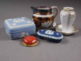 A white metal topped pearlware lustre jug, a Wedgwood Jasperware square box and cover, a similar