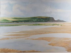 Kim Kempshall: watercolours and bodycolours, "Stepper Point, Padstow", 20" x 28", in strip frame