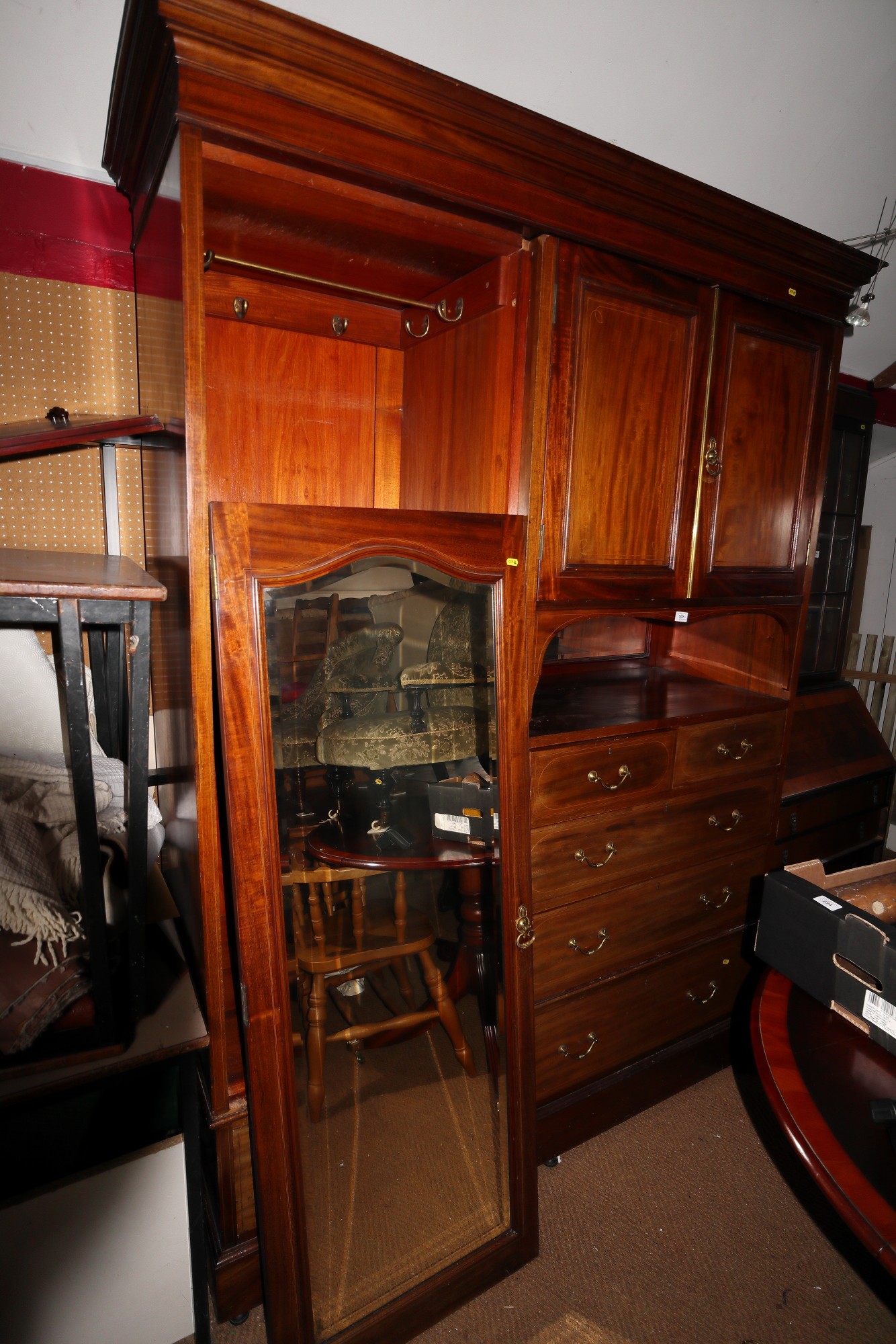 A late 19th century mahogany box and ebony strung Beaconsfield wardrobe, hanging compartment