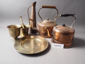 Three copper kettles, various, pestles and mortars, two brass trays and other items