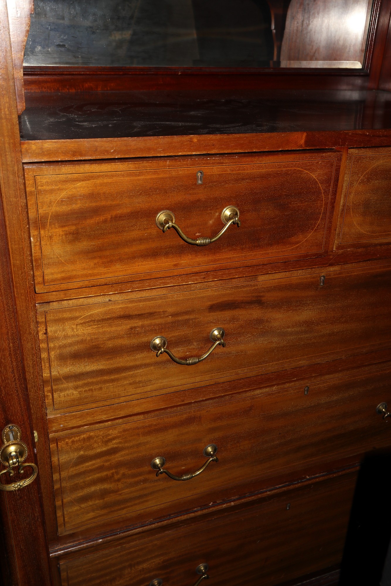 A late 19th century mahogany box and ebony strung Beaconsfield wardrobe, hanging compartment - Image 3 of 3