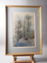 Gabrielle Bellocq: pastels, two figures in a landscape with trees and blue flowers, 19" x 12 1/2",